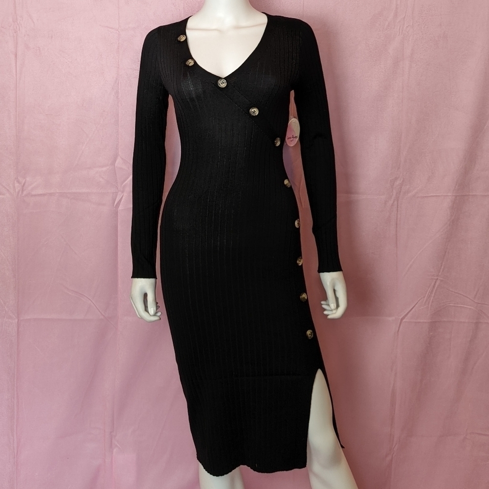 Love Always V Neck Button Detail Split Front Long Sleeve Midi Dress